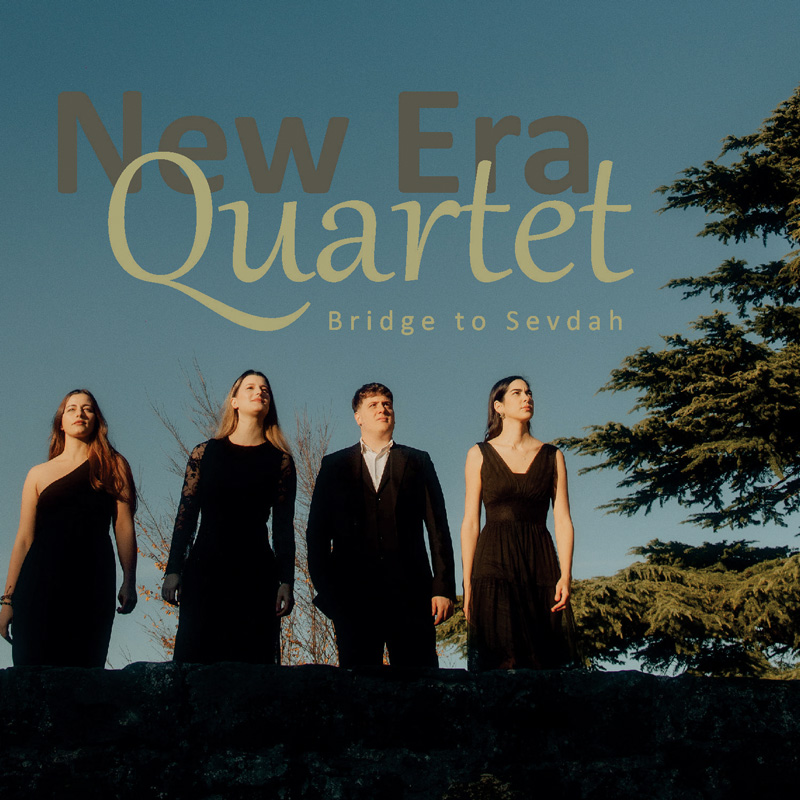 New Era Quartet — Bridge To Sevdah cover artwork. a photo of the quartet wearing evening clothes outdoors. Three women in black dresses and a man in a suit.