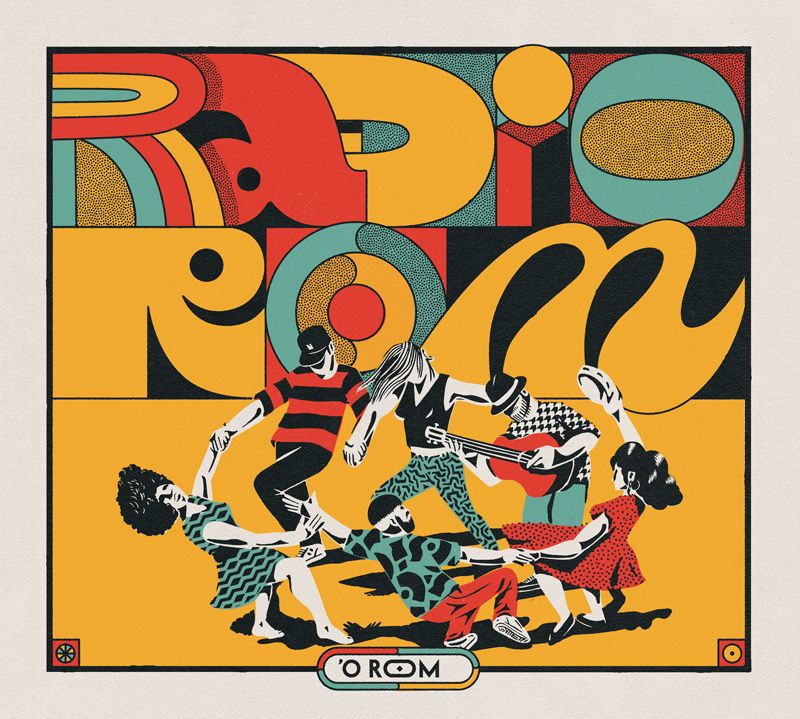 The album cover for O Rom – Radio Rom features curved typography that fills the top half, spelling out the album’s title in large red, teal, yellow, and black letters. Below, six stylized figures, dressed in patterned, colorful outfits, form a lively circle dance, with one musician strumming a guitar.