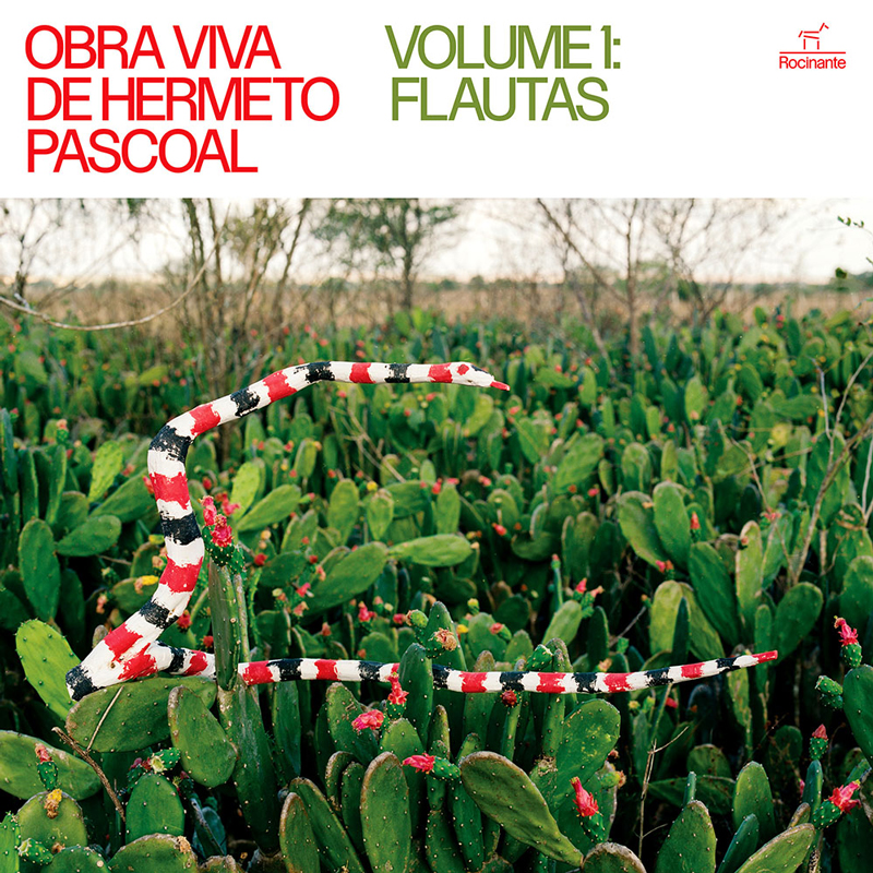 The cover for Obra Viva De Hermeto Pascoal: Volume 1 – Flautas presents a desert scene filled with green cactus pads and small red blossoms. A long striped serpent in red, black, and white coils across the plants. The album title appears at the top in red and olive lettering, while a small Rocinante logo sits in the upper right corner.