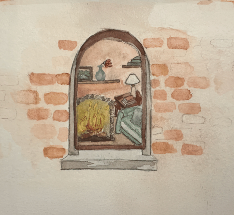 The album cover for On the Lash - Fireside featuresh a delicate watercolor illustration. Framed by a rustic brick wall, an arched window reveals a cozy interior scene: a crackling stone fireplace, a soft armchair draped with a blanket, and a small wooden shelf adorned with books, a lamp, and a vase holding a single flower. The artwork is credited to Elizabeth June LaPeer.