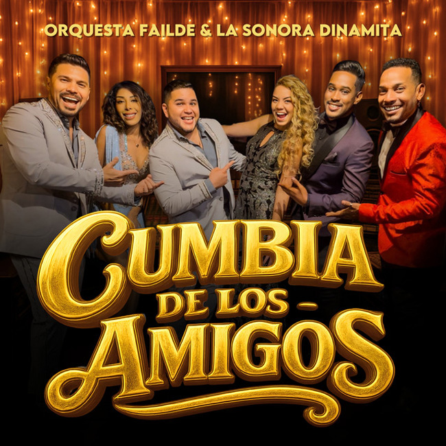 Orquesta Failde Cumbia de los Amigos cover artwork. a photo of six band members, four men and two women smiling saluting each other.