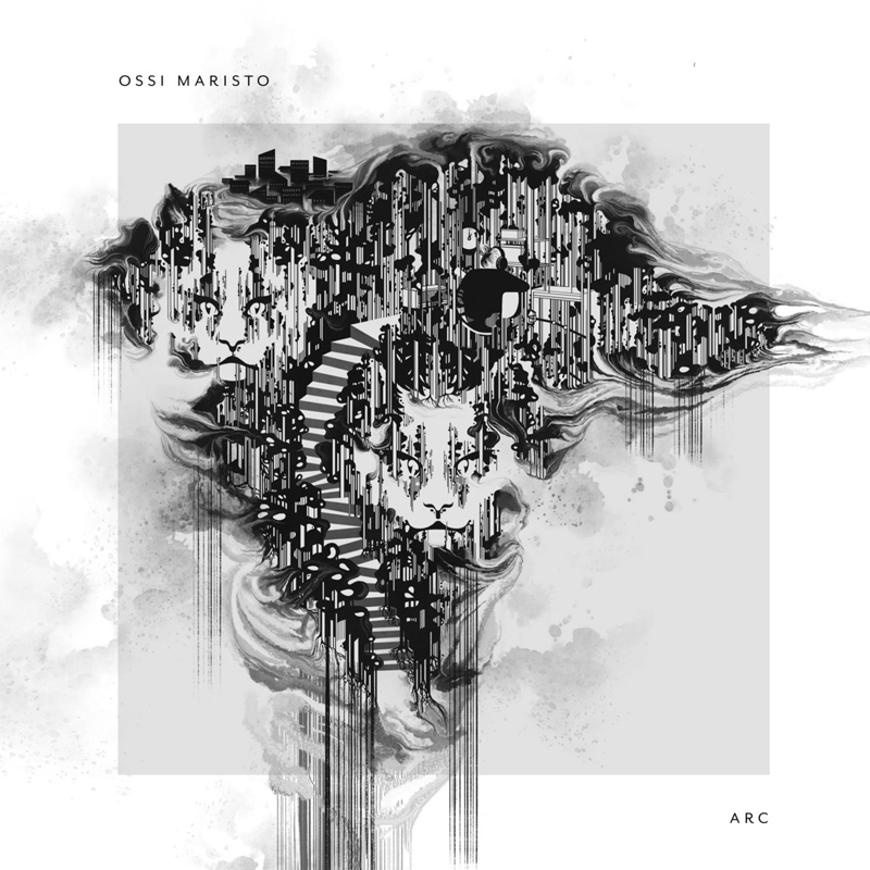 A black-and-white illustration merges two feline faces into an abstract landscape of dripping lines, staircases, and citylike forms. Ink appears to melt downward.