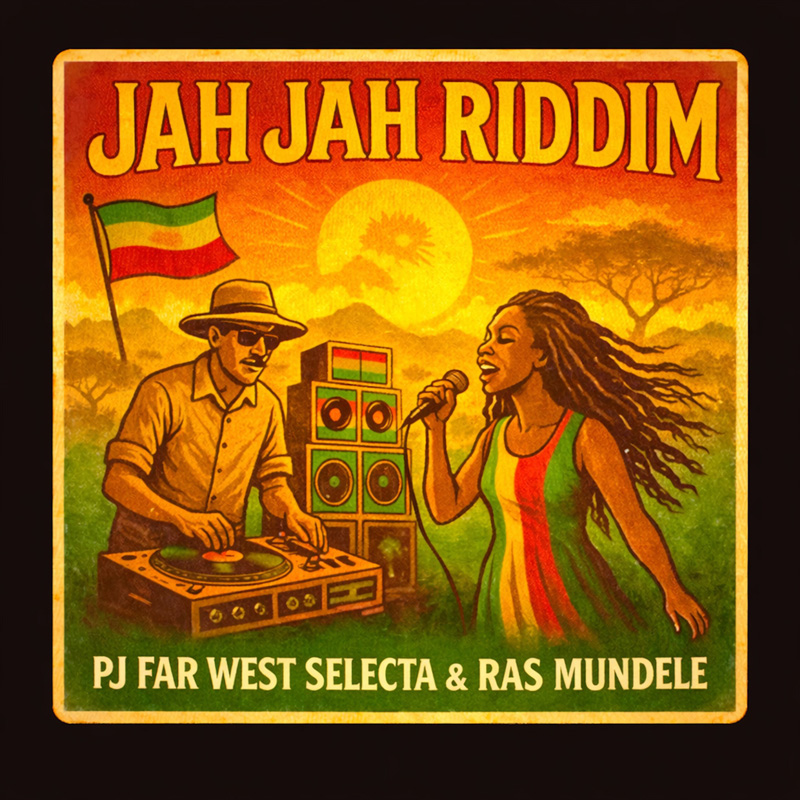 pj far west selecta jah jah riddim cover artwork. A DJ using a mixer next to a black female singer.