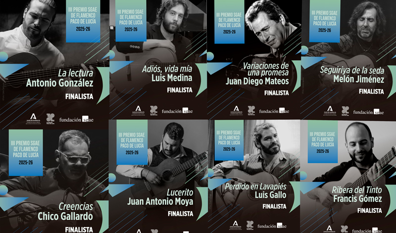 Collage with 8 photos of III Paco de Lucía Flamenco SGAE Award finalists