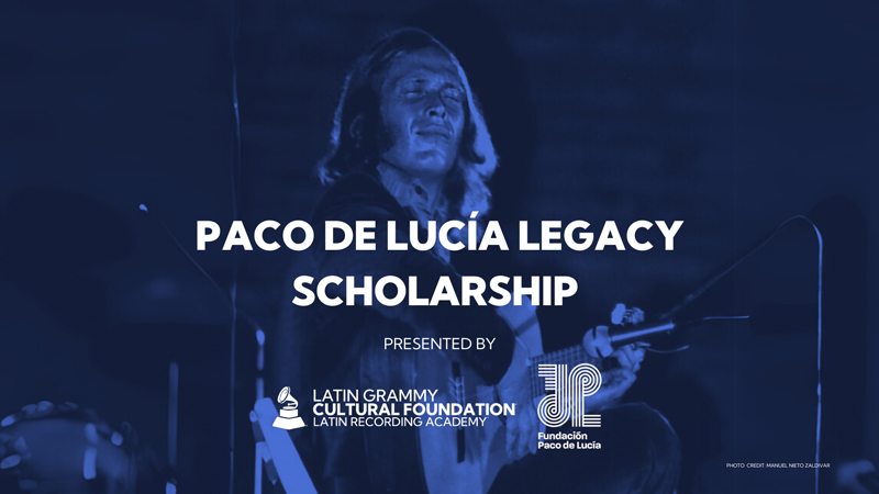 Paco de Lucía Legacy Scholarship 2024 banner. It shows a photo of De Lucía playing guitar.