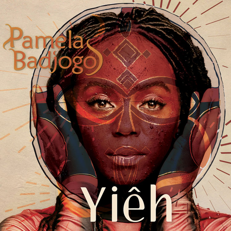 Pamela Badjogo - Yieh cover artwork. A headshot of Pamela with red paint. She is touching her face with her two hands.