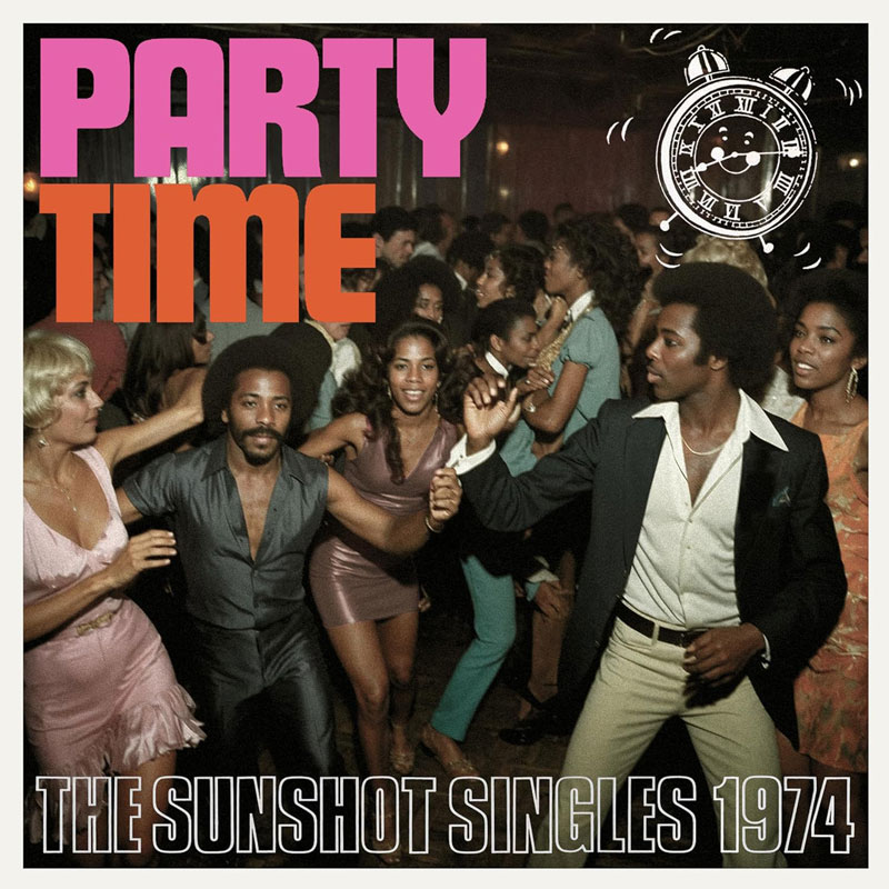 Party Time – The Sunshot Singles 1974 covr artwork. A 1970s photo of black men and women, and a white woman, dancing in in a club.