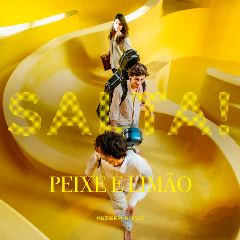 The album cover for "Salta!" by Peixe e Limão features bright yellow hues. The background appears to be a large spiral or wavy structure, resembling a slide or artistic architectural element, creating a sense of movement and fluidity. Three individuals are central to the image, walking downward on this structure, each carrying musical instruments. They are dressed in neutral, light-toned clothing, contrasting subtly with the intense yellow backdrop.