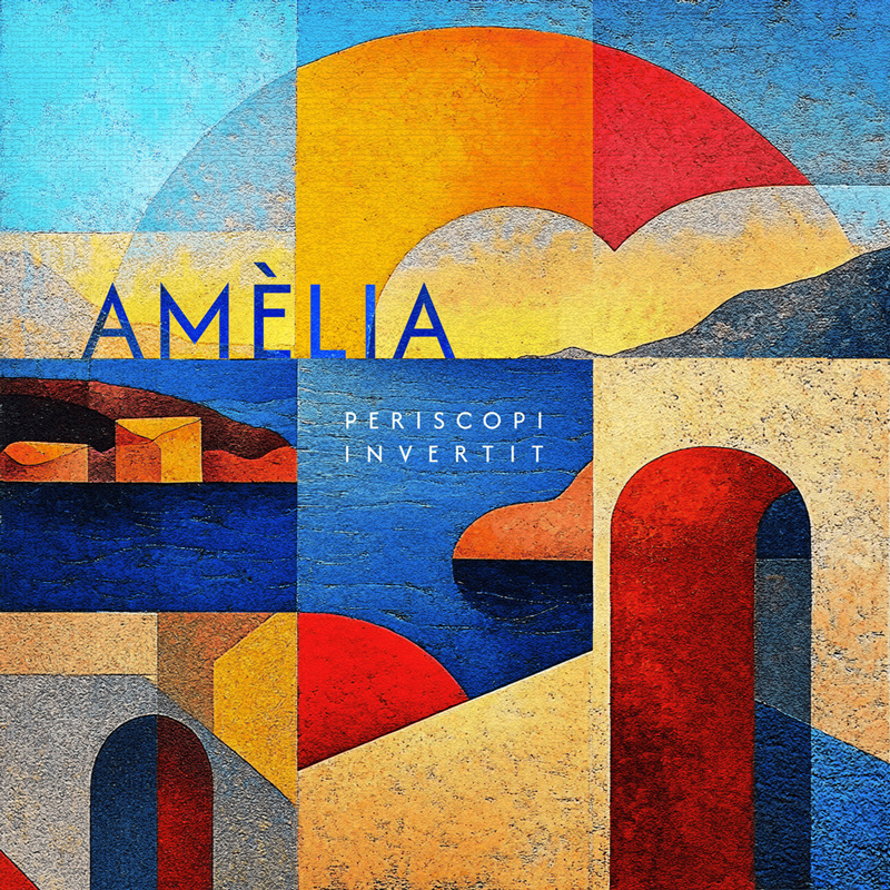 Periscopi Invertit - Amelia cover artwork. A geometric cover, built from intersecting blocks of blue, red, ochre, and sand tones over a plaster-like surface. Curved arches, semicircles, and layered horizons, arranged in a grid.