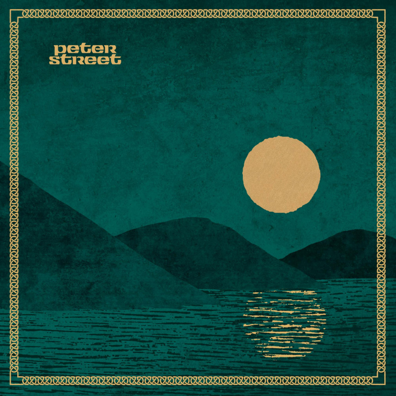 Peter Street cover artwork. A blue and yellow cover. An illustration of the sun rising over mountains by a coast.