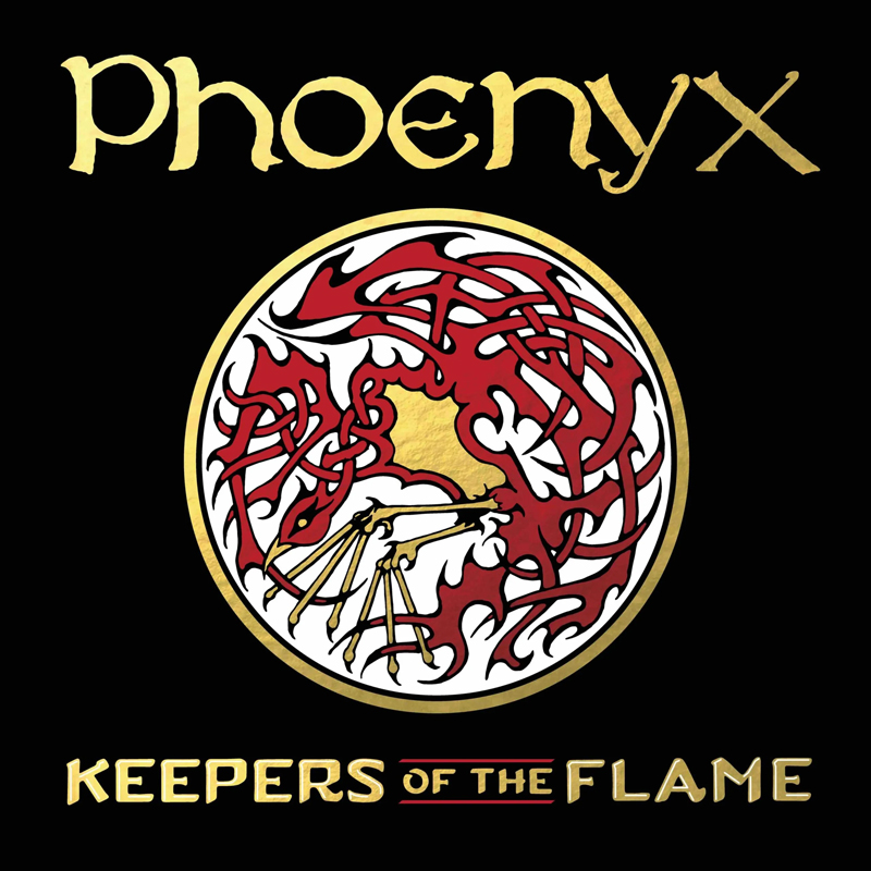 Phoenyx - Keepers of the Flame cover artwork. A Celtic pattern over a black background.