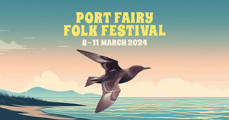 Port Fairy Folk Festival 2024 poster. It shows a seabird flying near the coast.