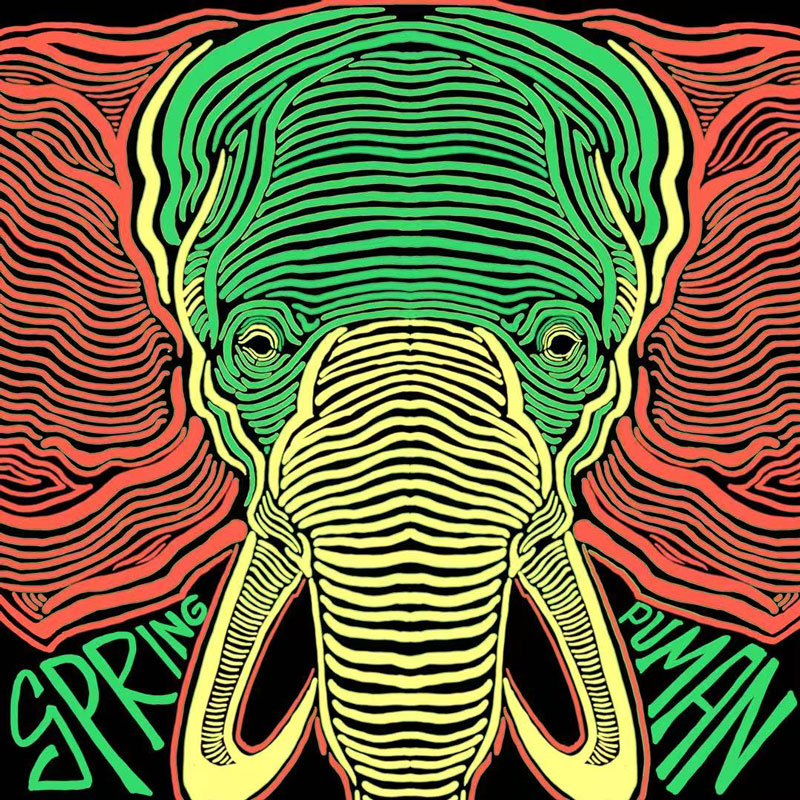 The album cover for Spring by Puman features a psychedelic illustration of an elephant head composed of wavy contour lines in red, yellow, and green. The hypnotic design radiates from a black background, with the word “Spring” in green on the left tusk and “Puman” on the right.