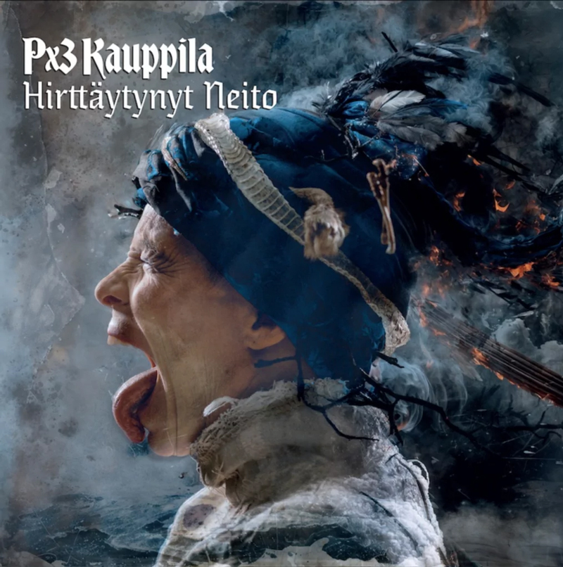 Px3Kauppila - Hirttäytynyt Neito cover artwork. a side shot of a person sticking out their tongue, wearing traditional winter clothing and hat.