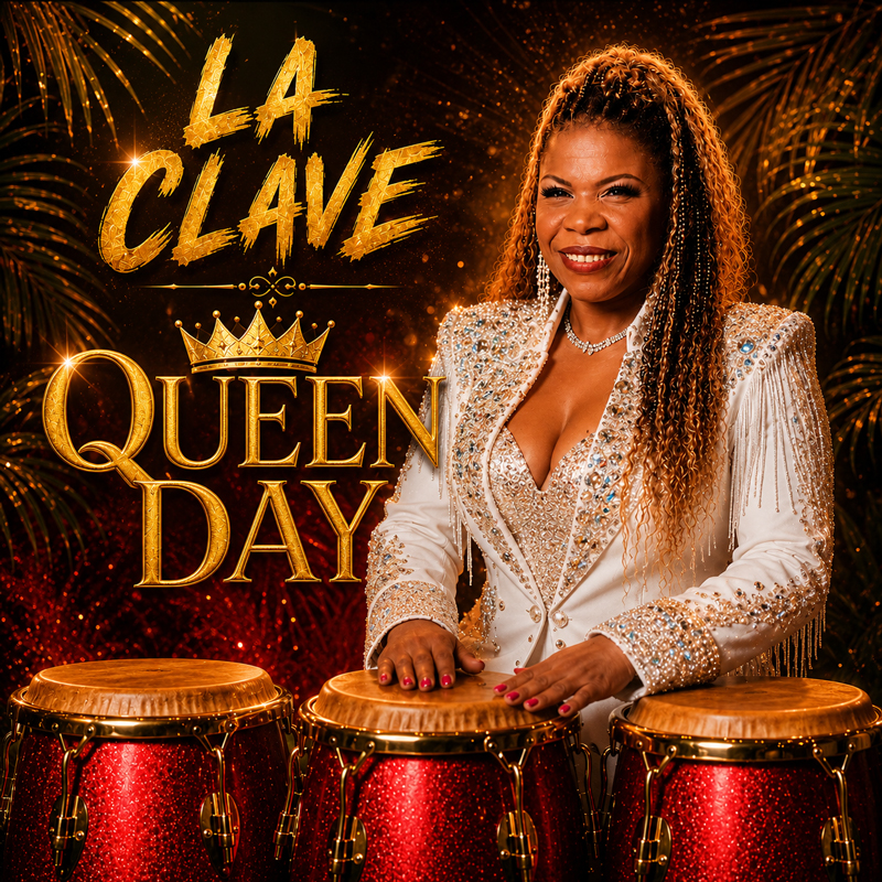 Queen Day La Clave cover artwork. A color photo of Queen Day playing three congas.