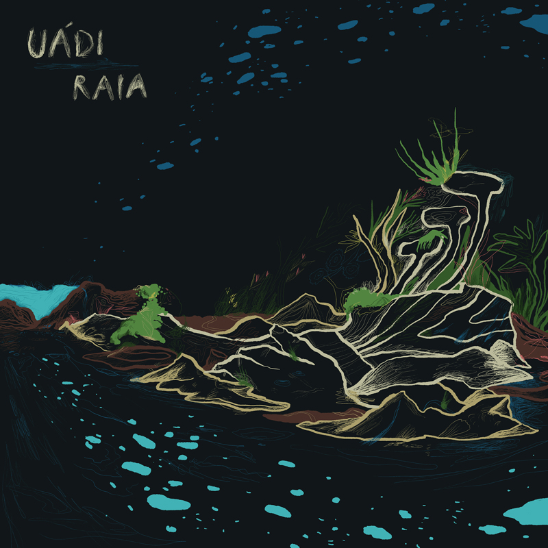 The cover for Uádi by Raia presents a dark scene where scattered blue droplets drift across a shadowed sky. A glowing, layered rock formation rises on the right, outlined in pale lines that resemble natural striations. Sparse green plants cling to its edges. A sweep of turquoise water and earthy terrain appears on the left.