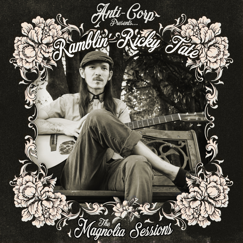 Ramblin’ Ricky Tate - The Magnolia Sessions coer artwork. A black and white photo of Rocky with a guitar, sitting on a bench, surrounded by a flower pattern.