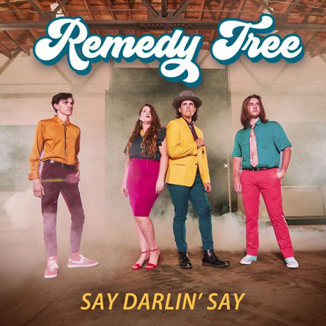 Remedy Tree - Say Darlin’ Say single cover. A photo of the band wearing colorful clothes.