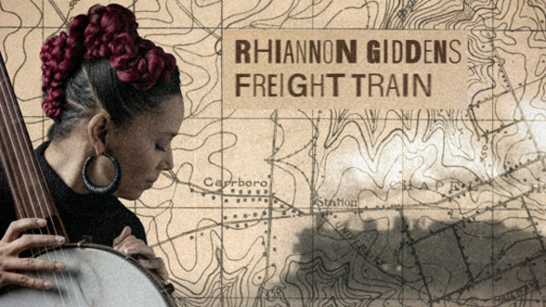 Rhiannon Giddens Freight Train video cover artwork. An image of Giddens holding a banjo.