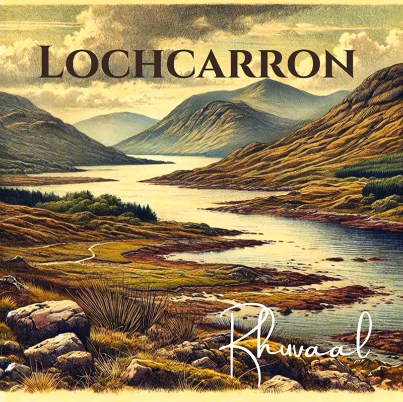 A Highland landscape stretches across the cover, with a winding loch framed by golden-brown hills and distant mountains. "Lochcarron" appears in serif lettering at the top, while “Rhuvaal” is handwritten in white near the bottom.