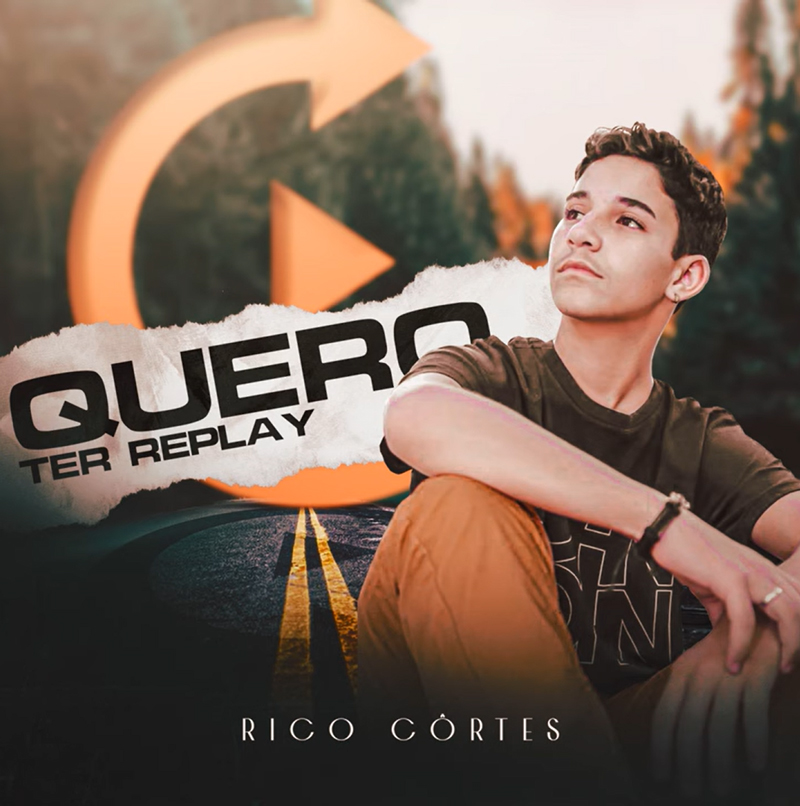 Rico Côrtes Quero Ter Replay cover artwork. A photo of the artist sitting in the middle of a highway that cuts throug a forested area.