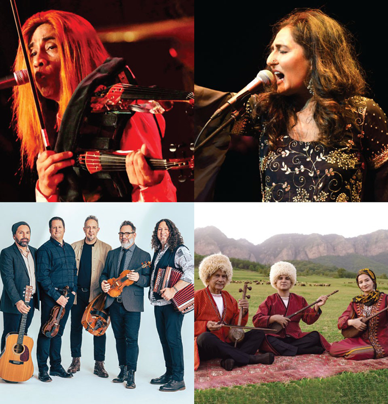 Photo collage with the four artists. Headline photo credits: Kiran Ahluwalia — Diaspora Arts Connection; Le Vent Du Nord — © Annie Diotte