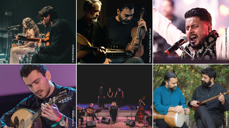 Collage. Photo credits: Ángeles Toledano: © Marina Rodriguez; Brian Prunka: Aidan Grant; Hamza Akram Qawwal: Arts Council of Pakistan Karachi; Vasilis Kostas: Yannis Psathas; Amir Nojan & Pejman Hadadi: Mehdi Rostami