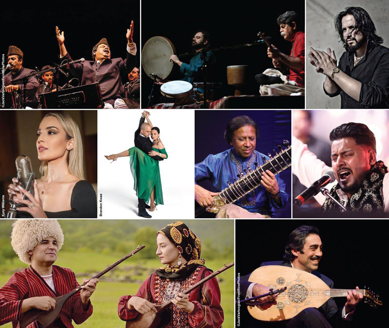 Collage of the performers. Photo credits: Fareed Ayaz & Abu Muhammad Qawwals: ©Jack Vartoogian/FrontRowPhotos; Nibal Malshi: Kory Williams; Guillermina Quiroga: Brandon Kwae; Simon Shaheen: ©Jack Vartoogian/FrontRowPhotos