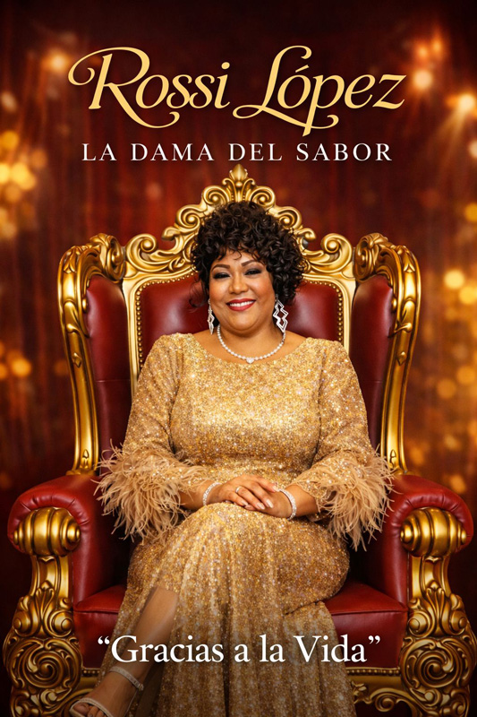 Rossi López Gracias a La Vida cover artwork. Rossi wearing a golden dress sitting on a grand armchair made with gold and red colors.