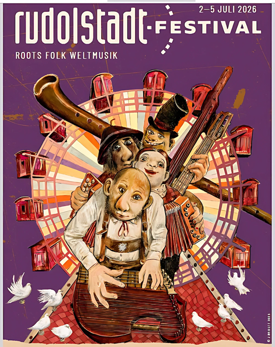 Rudolstadt Festival 2026 poster. An illustration of musicians splaying musical instruments in front of a Ferris wheel.