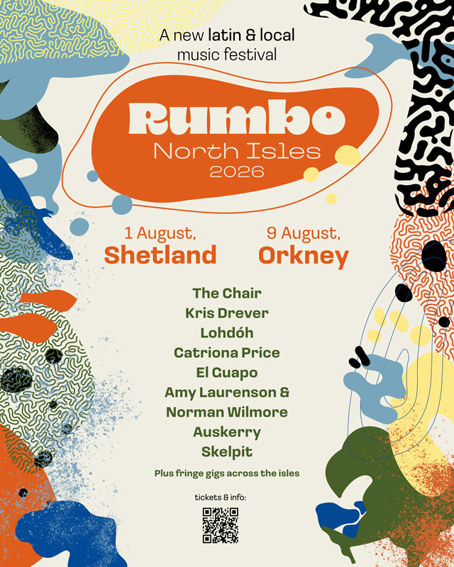 Rumbo North Isles poster. A design with colorful sides including a bird and listing of artists.
