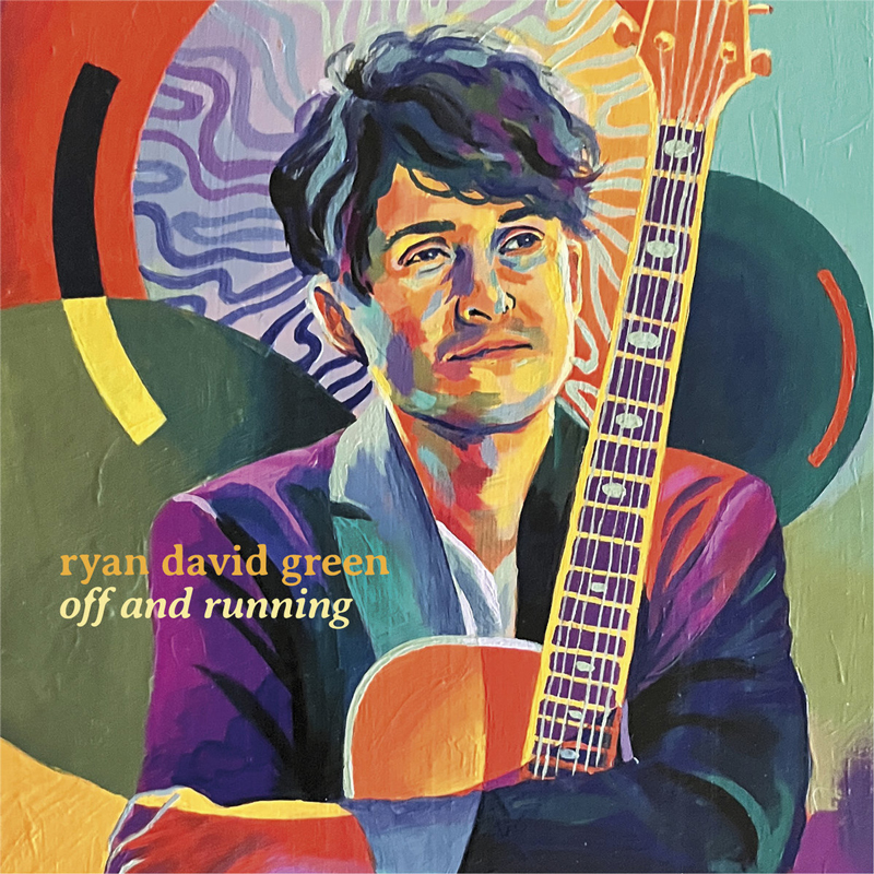 Ryan David Green - Off and Running cover artwork. A filtered photo or illustration of the artist holding his guitar upright, next to his heart.