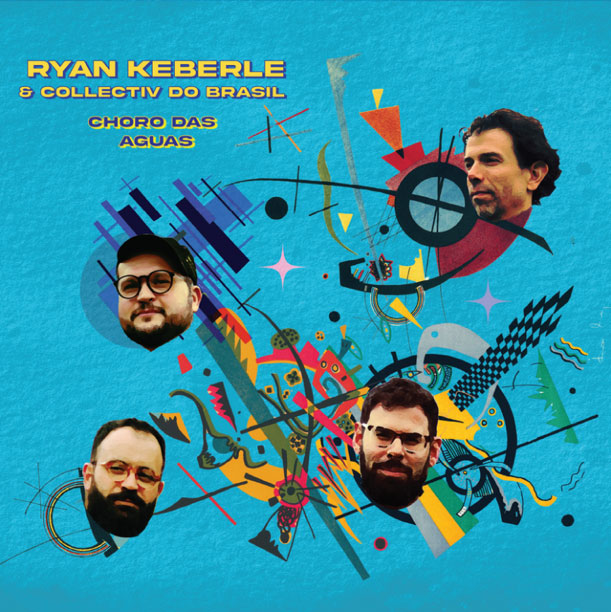 A blue background. Geometric shapes in reds, yellows, and blacks, arranged in a floating composition. Four illustrated portrait cutouts of the musicians drift across the design.
