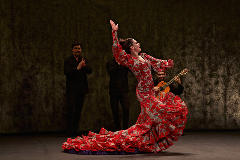 Sara Calero - Photo by marcosGpunto. Sara on stage dancing, wearing a red dress.