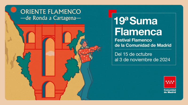 Suma Flamenca 2024 poster. An illustration with a male dancer next to an aqueduct.