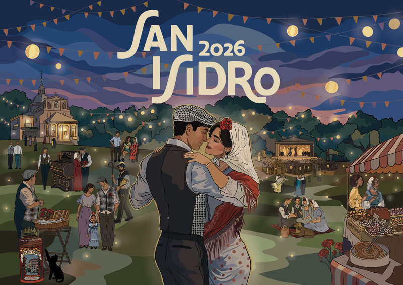 San Isidro Festival 2026 poster. a beautiful color poster with an illustratoon of coeples dressed in traditional Madrid clothing. In the back there are vendors, stalls, other couples, people talking. Design by Laura Floris.