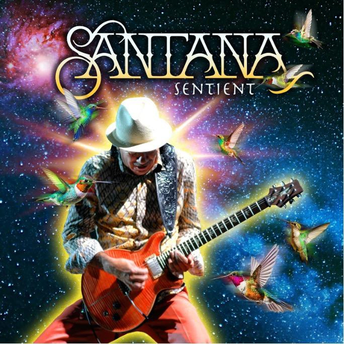 Santana - Sentient cover artwork. A photo of the artist playing live.