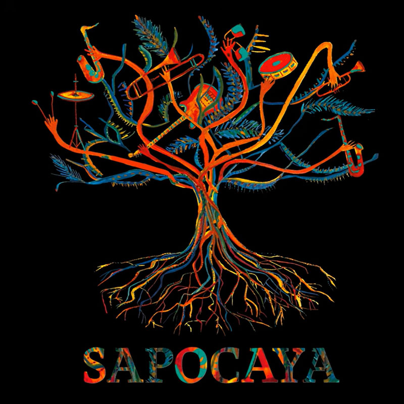 Sapocaya - Baraúna cover artwork. A colorful tree with long roots and branches holding musical instruments, over a black background.