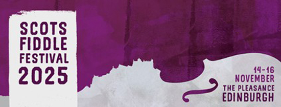 Scots Fiddle Festival 2025 banner. A profile of the upper half of a fiddle.