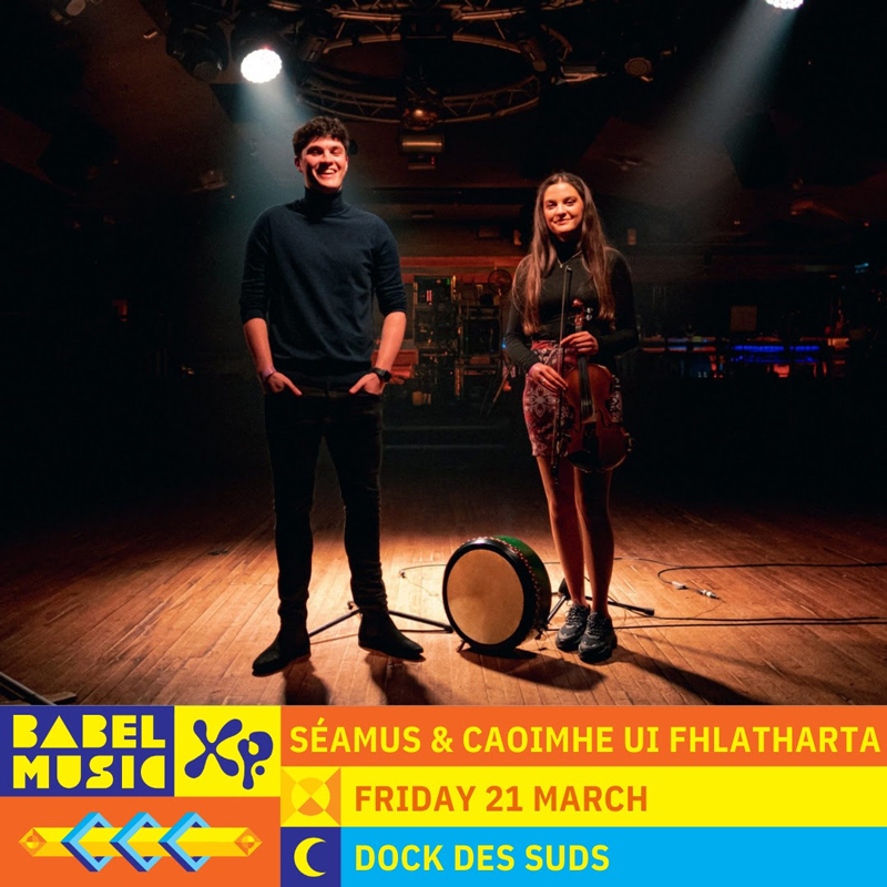 Séamus and Caoimhe Uí Fhlatharta BabaelMED poster. A photo of the two artists on stage.