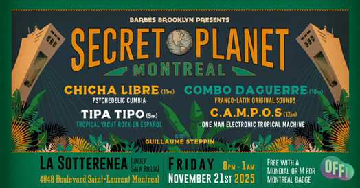 Secret Planet Montreal orange and green banner