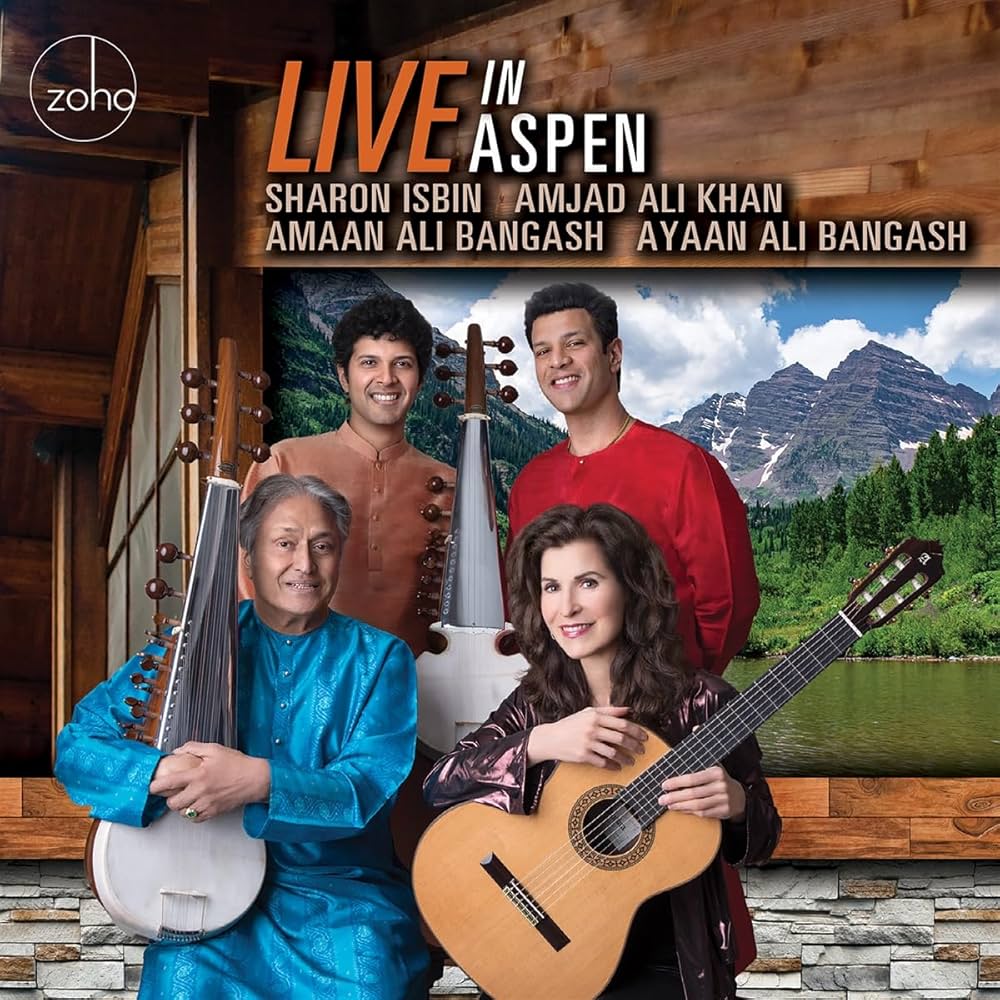 Sharon Isbin Amjad Ali Khan, Amaan Ali Bangash, and Ayaan Ali Bangash - Live in Aspen cover artwork. A photo of the four artists holding their musical instruments.