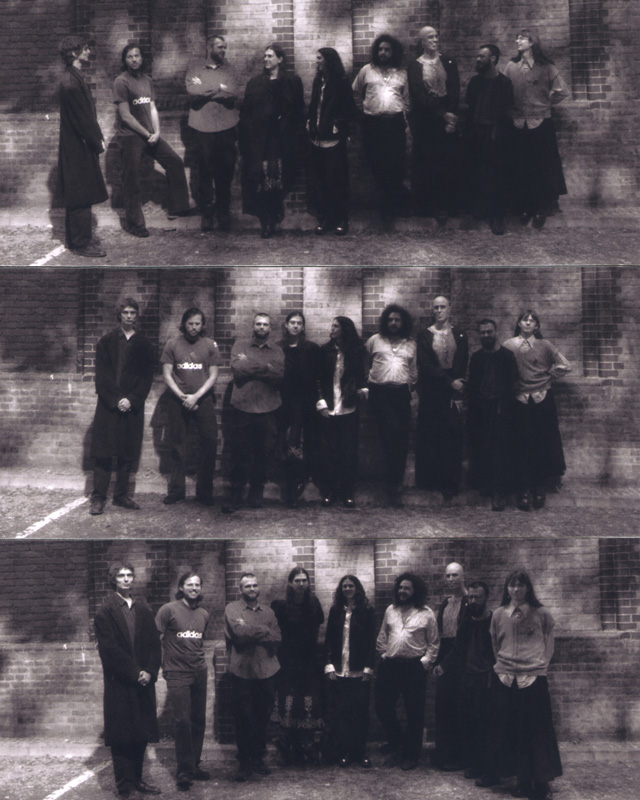 Shovel Dance Collective — Photo by Brad Gilbert. a set of three horizontal sepia photos of the band members.