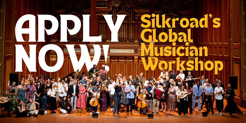 Silkroad’s Global Musician Workshop banner. A photo on stage with dozens of musicians.