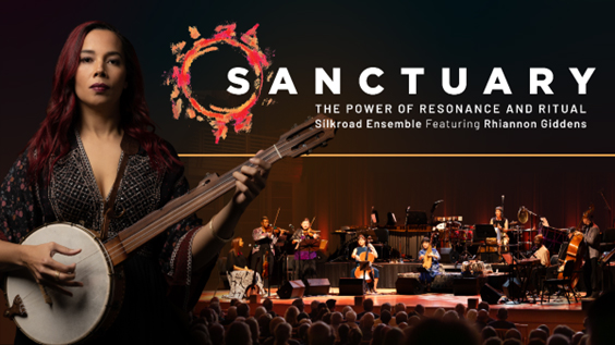 Sanctuary banner with photos of Director Rhiannon Giddens and the full ensemble