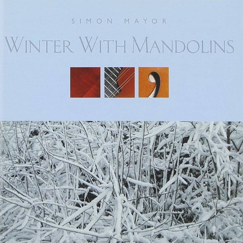 Simon Mayor - Winter with Mandolins cover artwork. a composite cover with the bottom half featuring a frozen ground cover and 3 small photos above with parts of a mandolin.