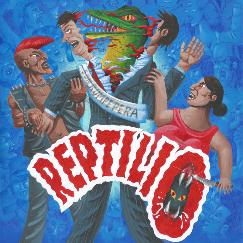 A grotesque, cartoonish scene with a blue background packed with distorted faces. At the center, a suited figure wearing a “La Pera” sash is violently split open to reveal a snarling green reptile, with blood spraying outward. Three exaggerated characters surround him, a punk with a red mohawk, a woman in pink, and another suited man all in a chaotic, satirical style. The jagged red Reptilio title dominates the lower half, with a black panther-like creature embedded inside the lettering.