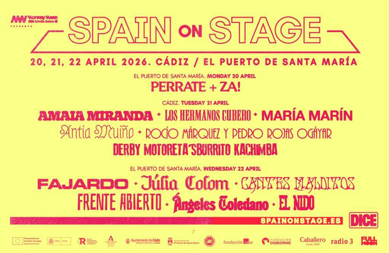 Spain On Stage yellow banner with names of artists scheduled to perform.