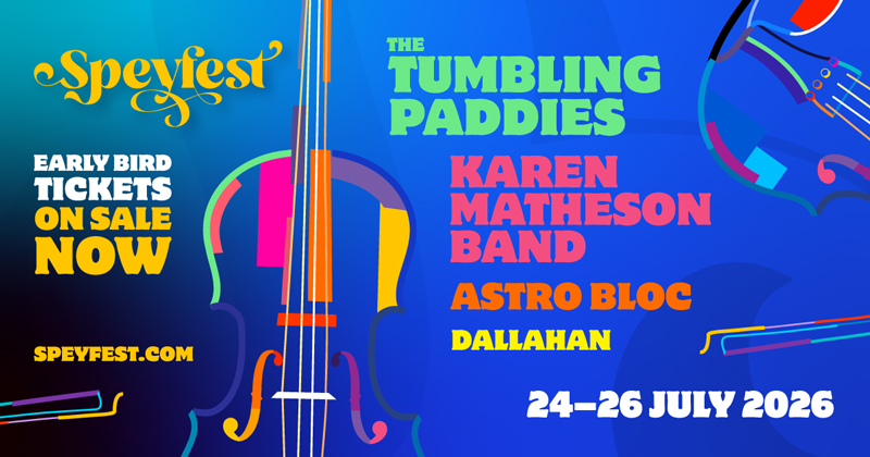 Speyfest 2026 early bird banner. Blue background with a fiddle.