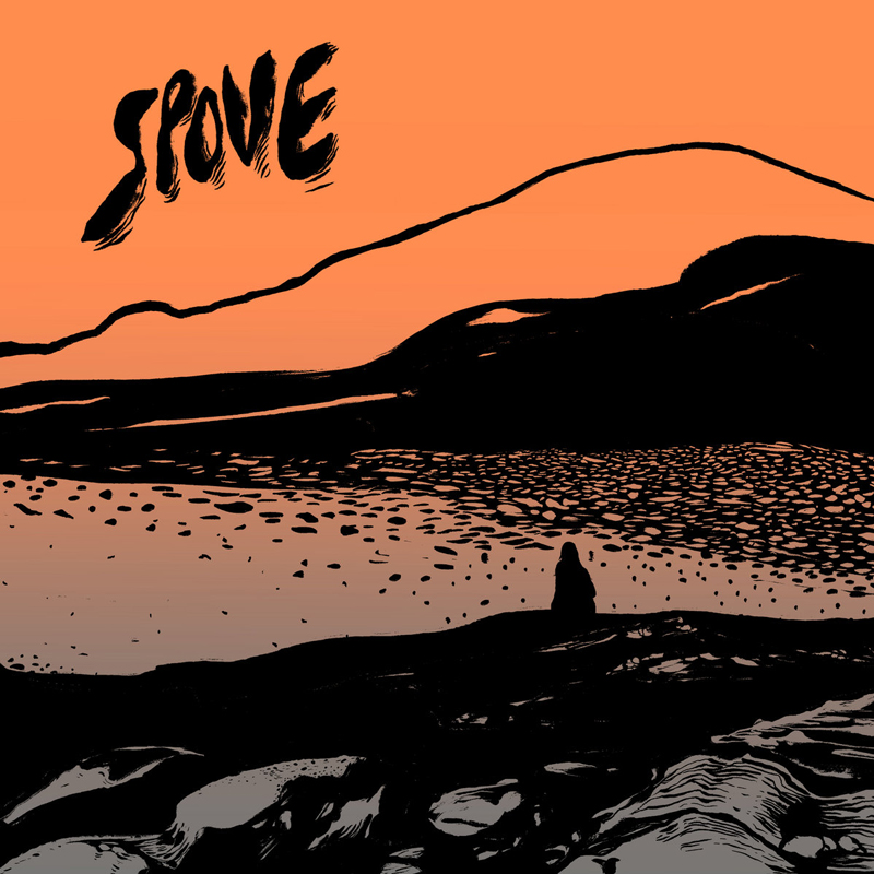 An orange sky hangs over a sweeping, black-ink landscape where a lone figure sits facing a rippled expanse. Hand-drawn lettering spells “Spove” at the top.